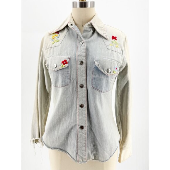 Chambray Denim Western Embroidered Vintage Shirt S - Picture 1 of 9